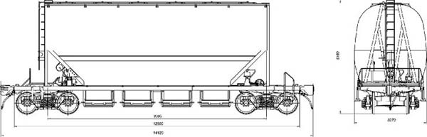 4-осный вагон-хоппер для минеральных удобрений и зерна. Модель 19-9734-01