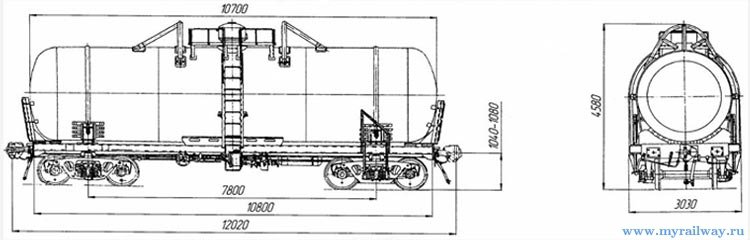 4-осная вагон-цистерна с верхним сливом, предохранительным клапаном, защитными дугами,экраном днища, предохранительной мембраной. Модель 15-1031