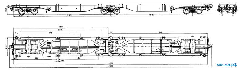 6-осная вагон-платформа сочлененного типа для перевозки крупнотоннажных контейнеров. Модель 13-9851