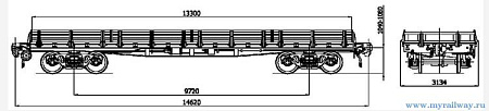 4-осная платформа для перевозки крупнотоннажных контейнеров, гусеничной и колесной техники, и других грузов, не требующих защиты. Модель 13-3110