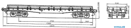 4-осная платформа со снятыми бортами, дооборудованная торцевыми стенами , опорами и поясами. Модель 13-2114-10