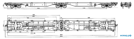 6-осная вагон-платформа сочлененного типа для перевозки крупнотоннажных контейнеров. Модель 13-9851